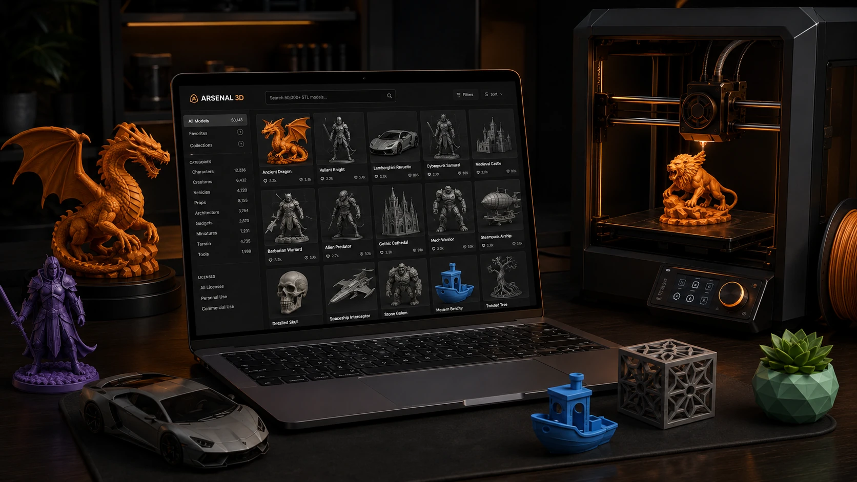 Biblioteca Arsenal 3D aberta no notebook ao lado de uma impressora 3D imprimindo um leão